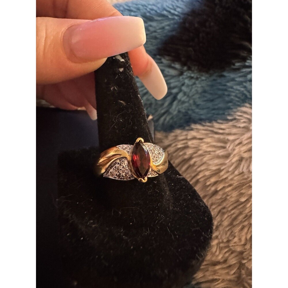Vintage Style Gold Tone Ring Red Stone Marquise CZ Accent TechniBond Style SZ 8